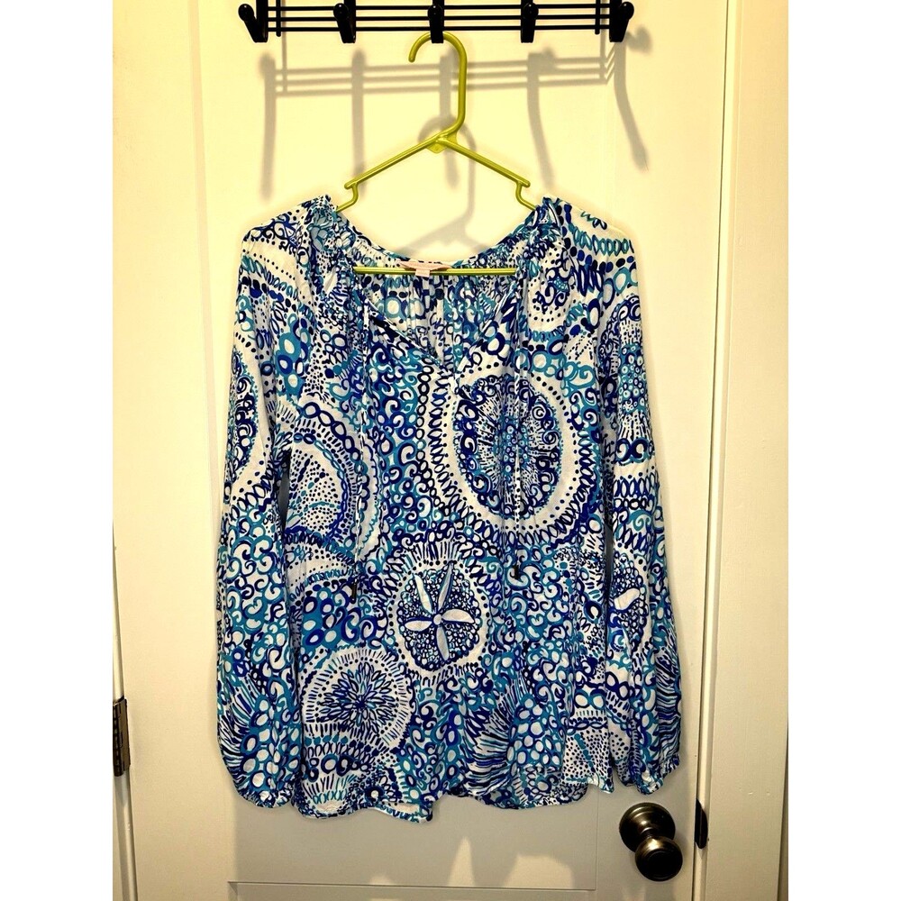 Lilly Pulitzer Willa Blouse Womens Medium Blue Midnight Print V Neck Tunic Top